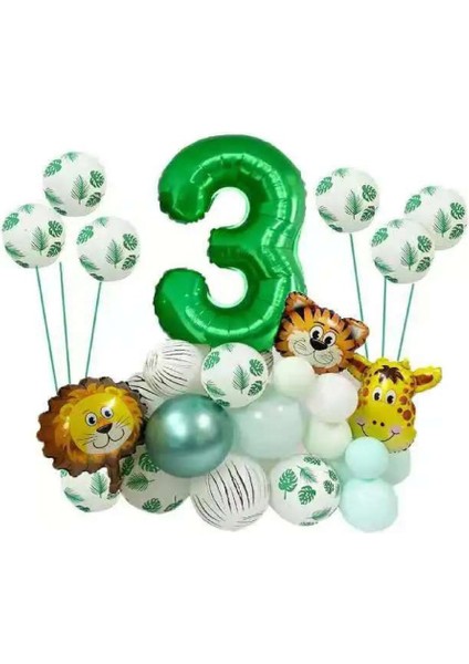 Safari Temalı Yeşil Rakamlı Folyo Balon Seti Yaş 3