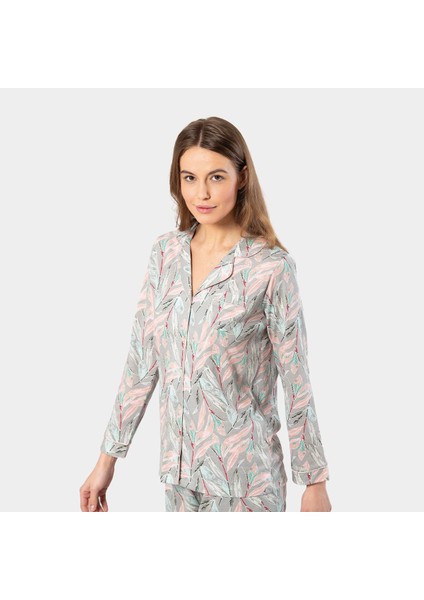 Yaprak Desenli Uzun Kollu Gömlek Yaka Pijama Takımı