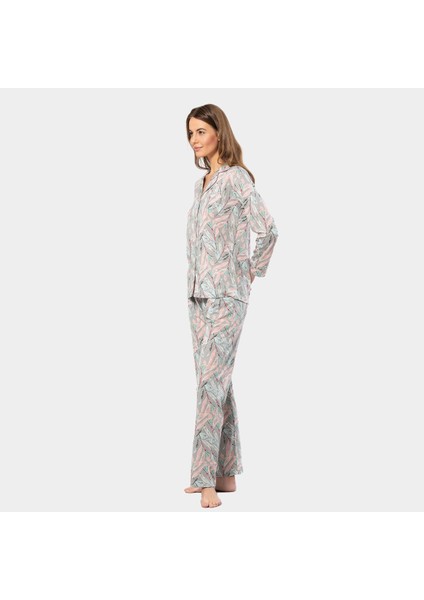 Yaprak Desenli Uzun Kollu Gömlek Yaka Pijama Takımı