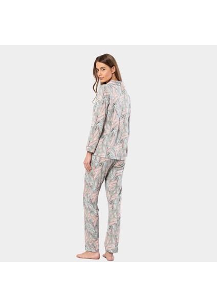 Yaprak Desenli Uzun Kollu Gömlek Yaka Pijama Takımı