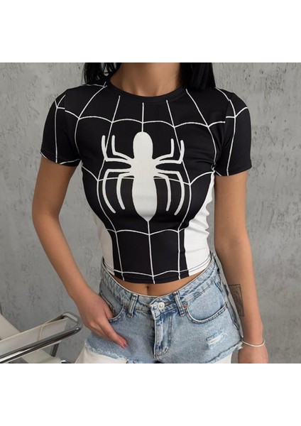 Siyah Spider Cosplay Kısa Kollu Crop