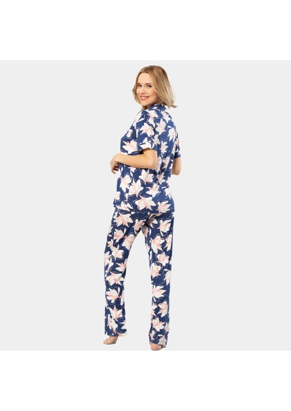 Yaprak Desenli Kısa Kollu Gömlek Yaka Pijama Takımı