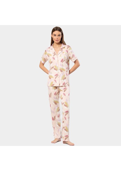 Yaprak Desenli Kısa Kollu Gömlek Yaka Pijama Takımı