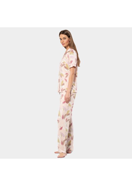 Yaprak Desenli Kısa Kollu Gömlek Yaka Pijama Takımı