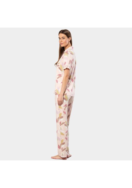 Yaprak Desenli Kısa Kollu Gömlek Yaka Pijama Takımı