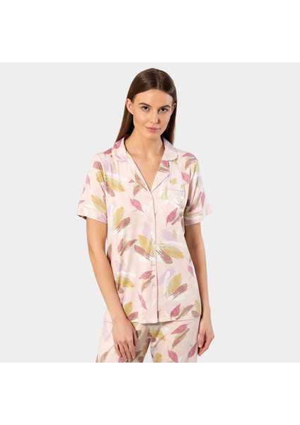 Yaprak Desenli Kısa Kollu Gömlek Yaka Pijama Takımı
