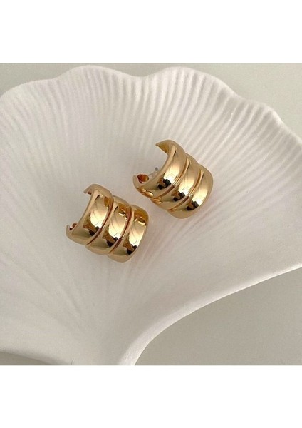 Üç Sıra Çoklu Görünüm Bombeli Çelik Küpe Gold Renk fiyatları