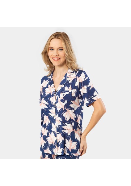 Yaprak Desenli Kısa Kollu Gömlek Yaka Pijama Takımı