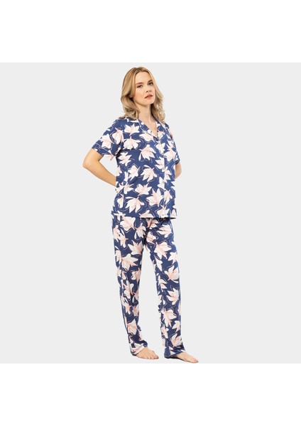 Yaprak Desenli Kısa Kollu Gömlek Yaka Pijama Takımı fiyatları