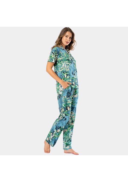Yapraklı Kısa Kollu Gömlek Yaka Pijama Takımı