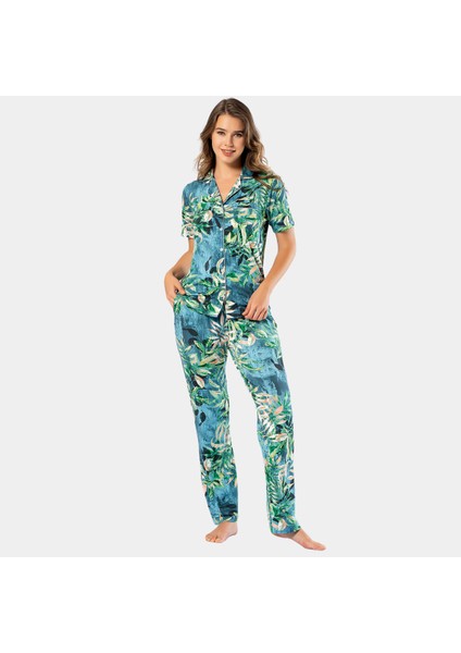 Yapraklı Kısa Kollu Gömlek Yaka Pijama Takımı fiyatları
