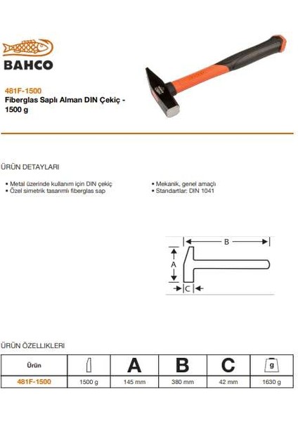 Fiberglas Saplı Alman Dın Çekiç - 1500G 481F-1500