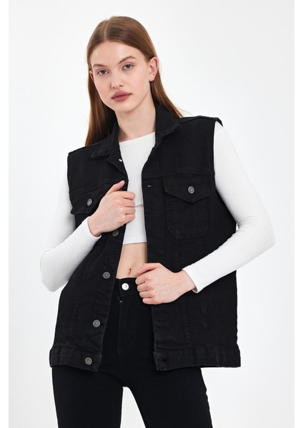 Jeans Kadın Mevsimlik Rahat Pamuklu Siyah Kot Yelek