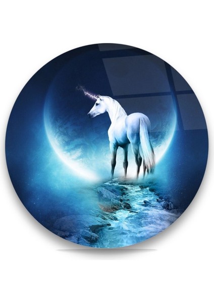 Cam Tablo, Dekoratif Baskı Tek Boynuzlu At Unicorn Yuvarlak Cam Tablo
