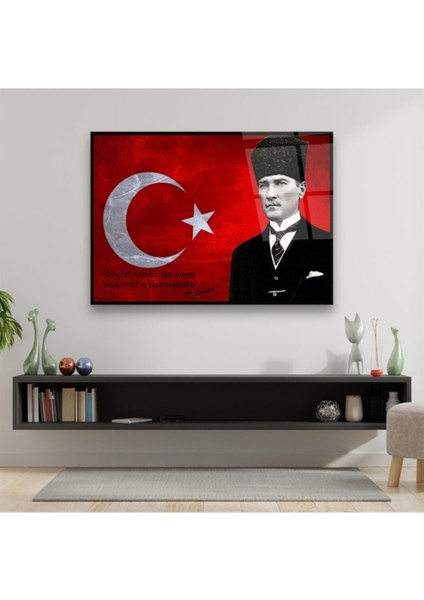 Cam Tablo, Dekoratif Baskı Türk Bayrağı ve Mustafa Kemal Atatürk Yatay Cam Tablo