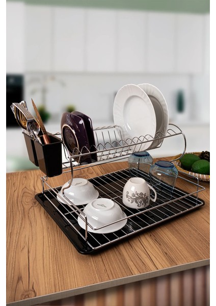 2 Katlı Decor Metal Gri Paslanmaz Bulaşıklık Tabaklık