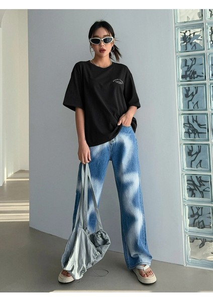 Kadın Siyah Oversize Capable Baskılı T-Shirt modelleri