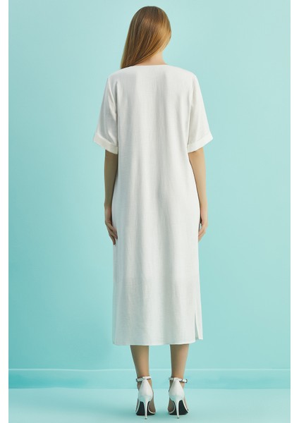 V Yaka Beyaz Keten Elbise fiyatları