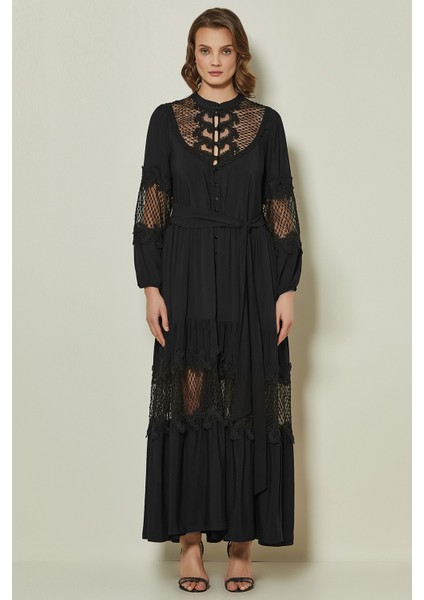 Uzun Kollu Siyah Dokuma Elbise