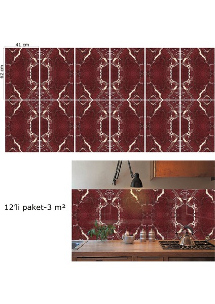 Kendinden Yapışkanlı Bordo Mermer Desenli Pvc Panel 41X62 cm (12 Adet) 3 M²