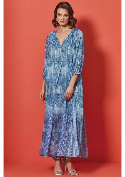 Balon Kollu Çok Renkli Şifon Elbise