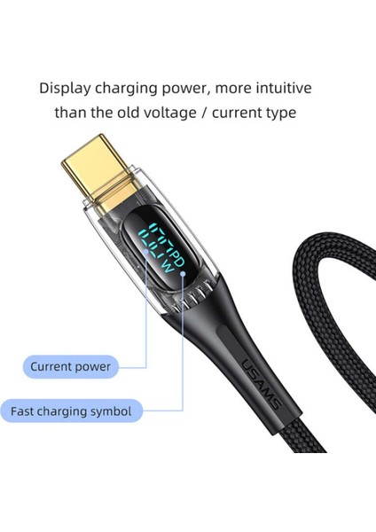 Sipariş Vakti Usams SJ572 Type-C 66W Alüminyum Alaşımlı Şeffaf Örgü Şarj ve Data Kablosu 1,2m