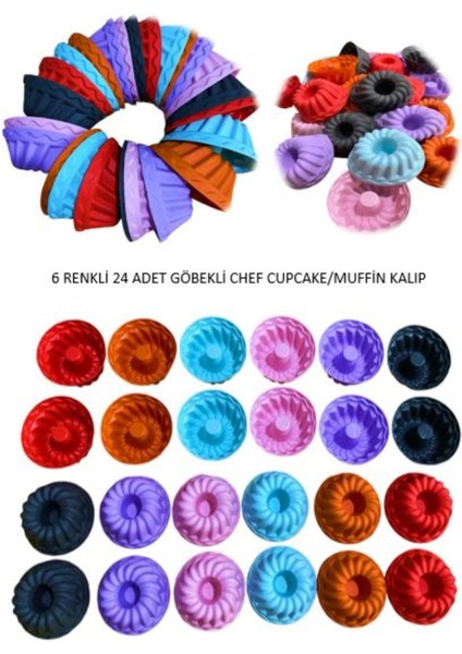 24'lü Yıkanabilir Yanmaz Mini Chef Göbekli Muffin Pişirme Kalıbı, Silikon Kek, Cupcake, HAMUR7X3,5CM