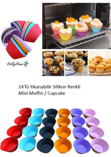 Holly Home 24’lü Yıkanabilir Mini Tırtıklı Muffin Pişirme Kalıbı, Ribanalı Kek, Cupcake, Hamur Işi Renkli Kap