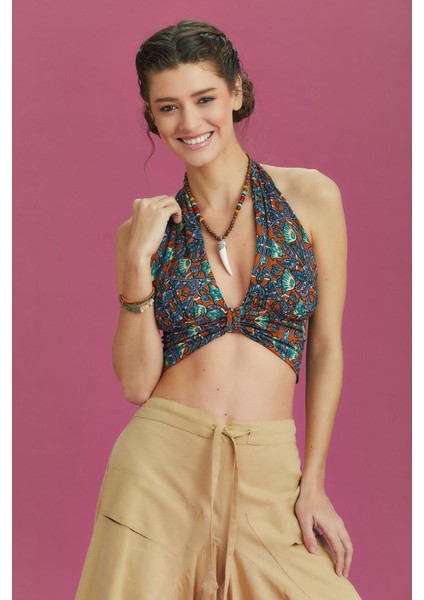 Boyundan Bağlamalı Desenli Crop Bluz