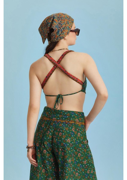 Los Banditos Bohem Stil Çiçek Desen Bağlamalı Bralet Crop Bluz