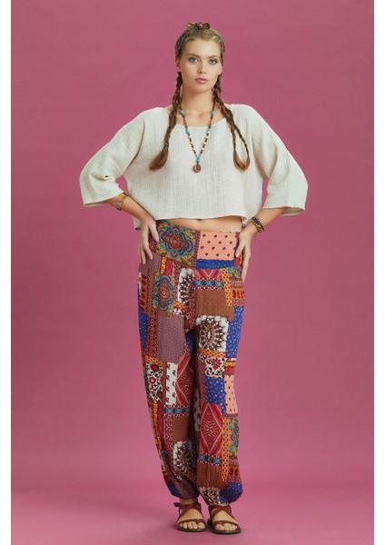 Etnik Desenli Beli Lastikli Salaş Şalvar Pantolon