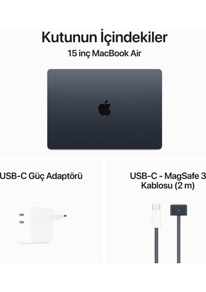 MacBook Air M3 Çip 8GB 256GB SSD macOS 15" Taşınabilir Bilgisayar Gece Yarısı MRYU3TU/A