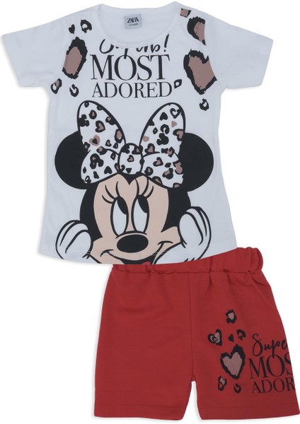 Kız Çocuk Mickey Mouse Kalp Baskılı 2'li Alt Üst Şort Takım