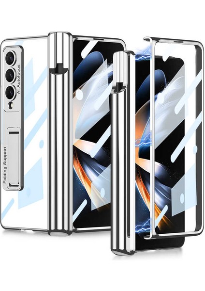 Samsung Galaxy Z Fold 4 Kılıf Kıpta Standlı Kalem Bölmeli Kalem Çıkmaz Gümüş