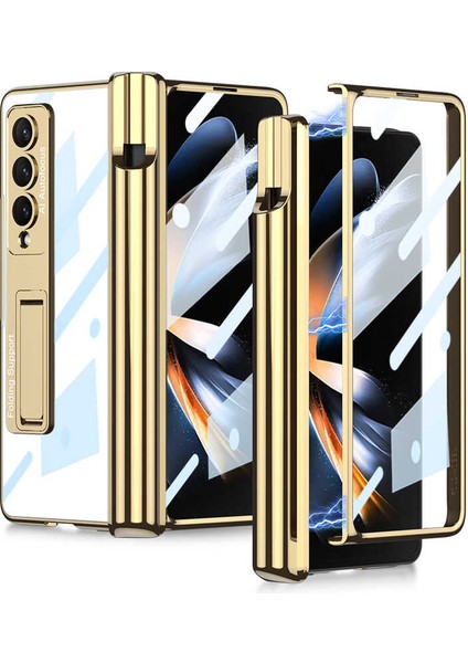 Samsung Galaxy Z Fold 4 Kılıf Kıpta Standlı Kalem Bölmeli Kalem Çıkmaz Gold