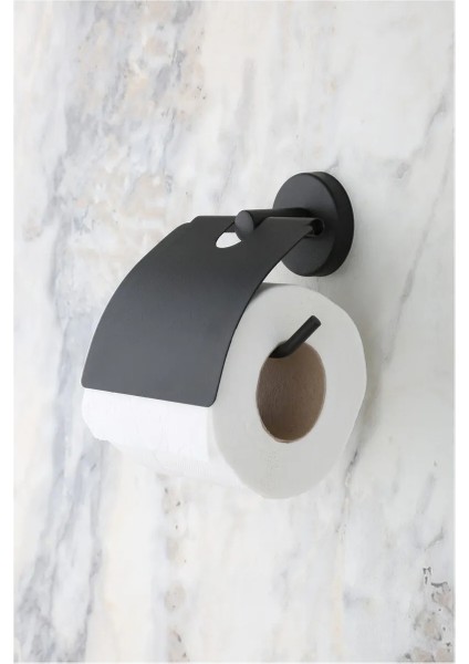 3'lü Siyah Banyo Askılık Set Bornozluk Askı, Yuvarlak Havluluk, Metal Geniş Kapaklı Tuvalet Kağıtlığı