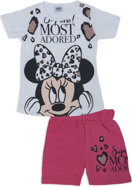Kız Çocuk Mickey Mouse Kalp Baskılı 2'li Alt Üst Şort Takım