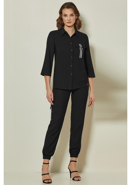 Truvakar Kol Siyah Dokuma Gömlek
