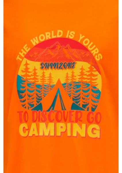 Erkek Bisiklet Yaka Standart Fit Discovery Göğüs Baskılı Turuncu T-Shirt