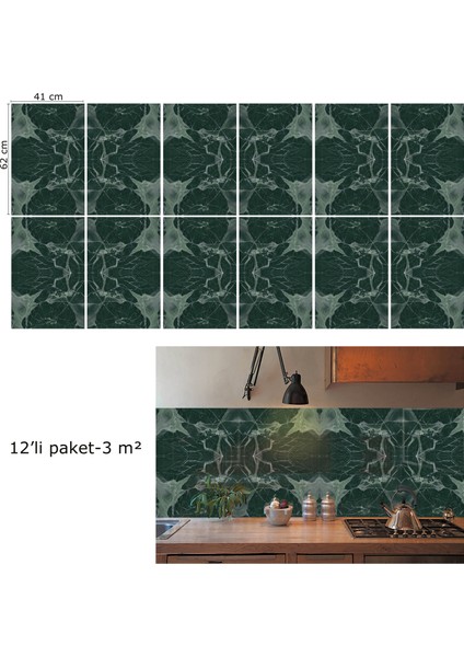 Kendinden Yapışkanlı Yeşil Mermer Desenli Pvc Panel 41X62 cm (12 Adet) 3 M²