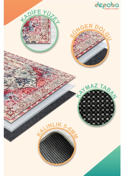 Zonya Vintage Kadife Yıkanabilir Kaymaz Pamuk Tabanlı Salon Halısı indirimleri