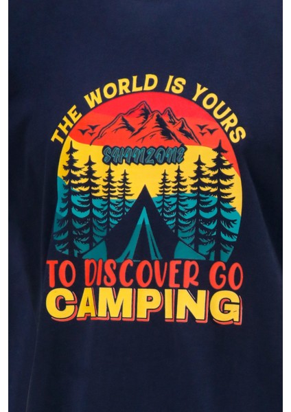 Erkek Bisiklet Yaka Standart Fit Discovery Göğüs Baskılı Lacivert T-Shirt