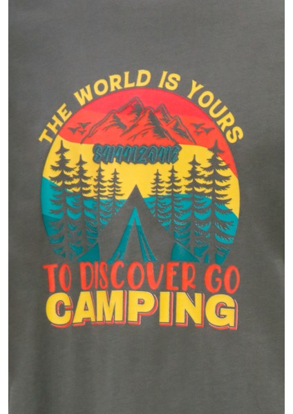 Erkek Bisiklet Yaka Standart Fit Discovery Göğüs Baskılı Haki T-Shirt modelleri