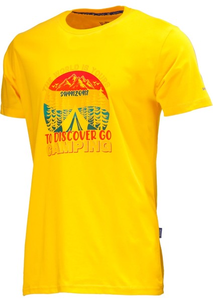 Erkek Bisiklet Yaka Standart Fit Discovery Göğüs Baskılı Sarı T-Shirt