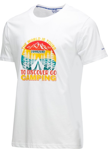 Erkek Bisiklet Yaka Standart Fit Discovery Göğüs Baskılı Beyaz T-Shirt