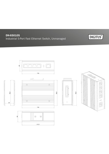 4 Portlu Hızlı Ethernet Ağ Anahtarı, Endüstriyel, Yönetilmeyen, 1 RJ45 Uplink