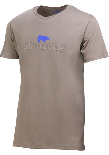 Erkek Bisiklet Yaka Standart Fit Kabartma Göğüs Baskılı Vizon T-Shirt