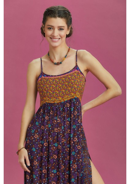 Askılı Yırtmaçlı Çiçekli Robadan Elbise modelleri