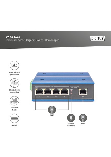 4 Port Gigabit Ağ Anahtarı, Endüstriyel, Yönetilmeyen, 1 RJ45 Uplink