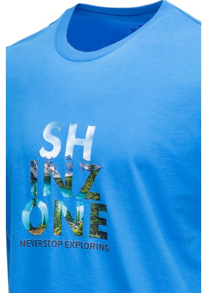 Erkek Bisiklet Yaka Standart Fit Göğüs Baskılı Indigo T-Shirt